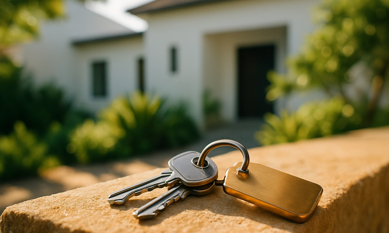 A set of brass house keys resting on a warm sandstone ledge in golden sunlight, representing the security and ownership made possible through mortgage bonds in South African property transactions.