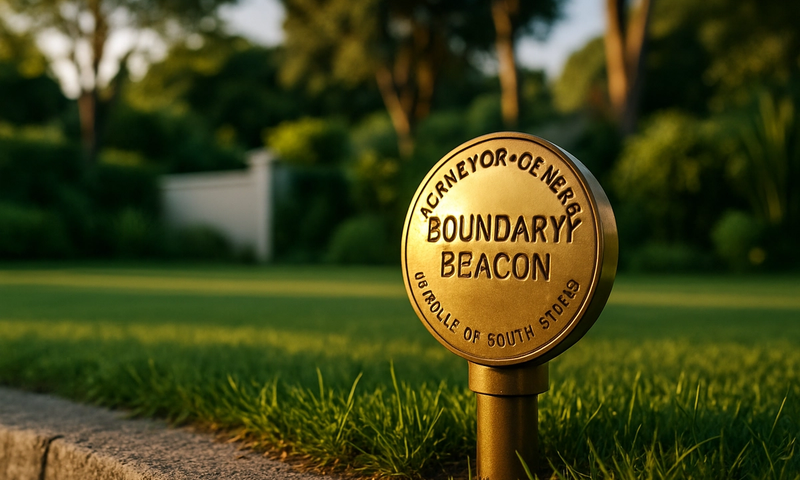 A gleaming brass surveyor's boundary beacon set into lush sunlit green land at a property edge, illustrating how conditions of title can define and restrict land boundaries for South African property owners.