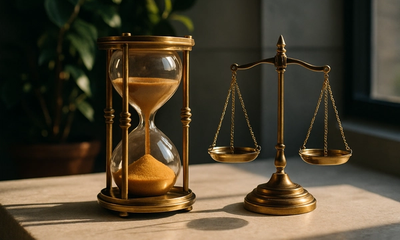 An antique brass hourglass and polished scales of justice on a sunlit limestone surface, illustrating the legal concept of prescription of debt in South African property law.