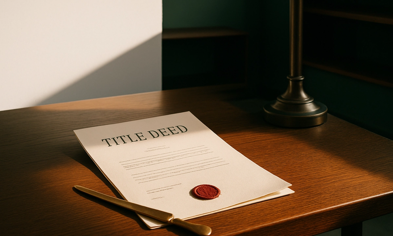 A formal title deed document with an embossed wax seal resting on a dark oak desk in a South African conveyancing office, illustrating the legal concept of registration of title.