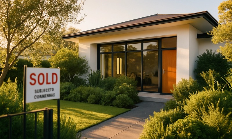 A luminous modern South African home at golden hour with a lush green garden, representing a property sale subject to suspensive conditions.