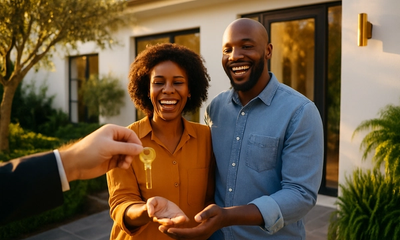 A happy South African couple smile as they receive their new home keys, a milestone made possible through simultaneous registration of the transfer and bond at the Deeds Office on the same day.