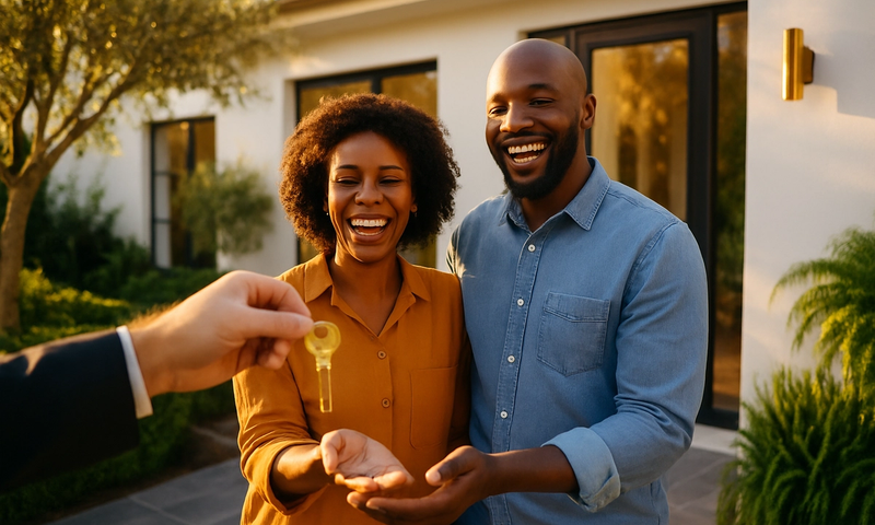 A happy South African couple smile as they receive their new home keys, a milestone made possible through simultaneous registration of the transfer and bond at the Deeds Office on the same day.