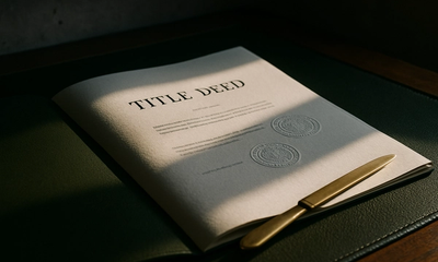 An open title deed document with embossed registration seals resting on a dark green leather desk, illuminated by warm directional afternoon light.