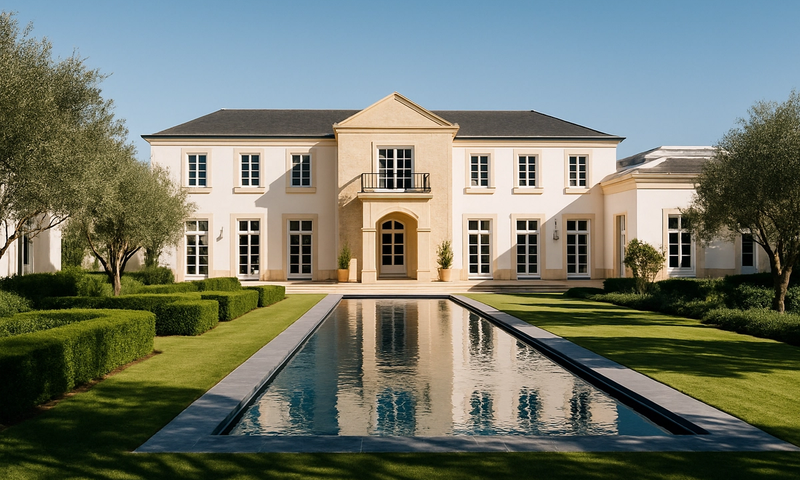 A sunlit luxury estate with a pristine pool and manicured gardens, representing the kind of high-value property transaction where resolutive conditions are carefully drafted to protect all parties involved.