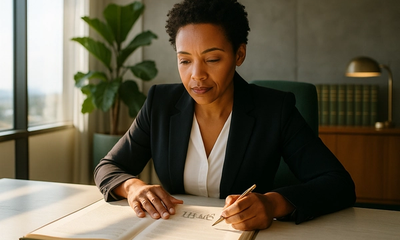 A South African attorney reviews an open deed of sale at a sunlit office desk, exuding calm professional confidence in warm morning light.