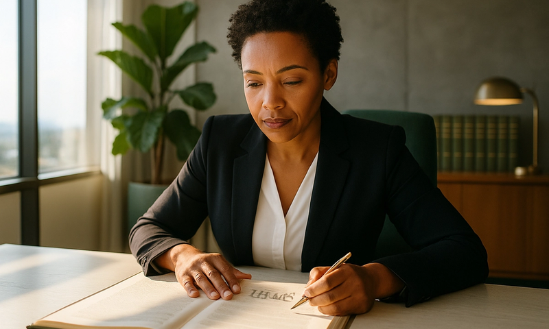 A South African attorney reviews an open deed of sale at a sunlit office desk, exuding calm professional confidence in warm morning light.