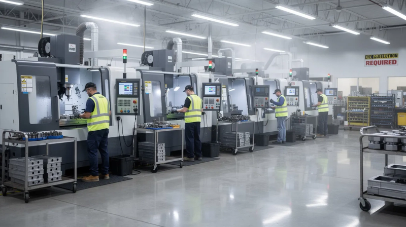 The image depicts an industrial workshop floor bustling with activity, featuring multiple CNC machining centers and operators engaged in various manufacturing processes. The scene showcases a range of metalworking machines, including milling machines and grinding machines, highlighting the precision and expertise required in the industry.
