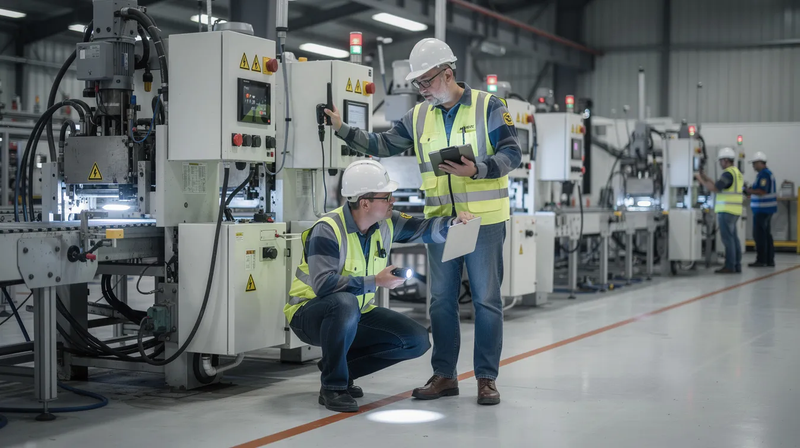 The image depicts a factory floor where industrial machinery is being meticulously inspected and documented by workers. The scene highlights the importance of maintenance history and predictive maintenance in the machinery market, emphasizing the value of heavy equipment in today's industrial landscape.