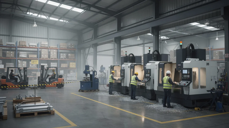 The image depicts an industrial warehouse filled with various CNC machines, heavy-duty equipment, and forklifts, showcasing a vibrant manufacturing environment. This space highlights the role of industrial machinery in supporting small and medium enterprises and reflects the current market demand for advanced manufacturing technology.