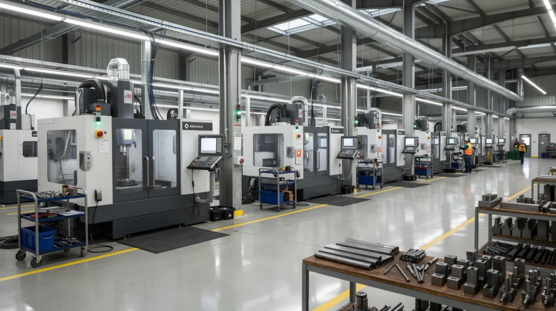 The image depicts an industrial factory floor bustling with various CNC machines and manufacturing equipment, showcasing the operational efficiency and advanced technology that machinery companies utilize to meet customer needs. This environment highlights the importance of industrial equipment in streamlining operations and supporting business growth.