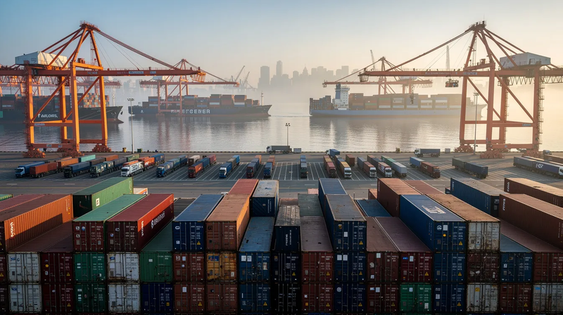 The image depicts numerous shipping containers stacked at an industrial port, all set for export, symbolizing the bustling equipment market and the essential role of industrial machinery in global trade. This scene reflects the ongoing growth and innovations within the industry, catering to buyers and manufacturers worldwide.