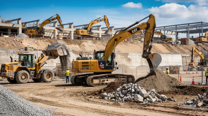 The image depicts a busy construction site filled with heavy construction equipment, including excavators and wheel loaders, showcasing various types of industrial machinery used for earth moving tasks. This scene highlights the importance of construction machinery in the industrial machinery market, emphasizing the role of heavy duty equipment in modern construction projects.