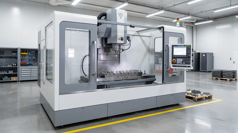 The image depicts a large CNC machining center situated in a modern manufacturing facility, showcasing advanced industrial machinery designed for precision and efficiency in the equipment market. The setting highlights the integration of automation technologies that are essential for contemporary manufacturing processes.
