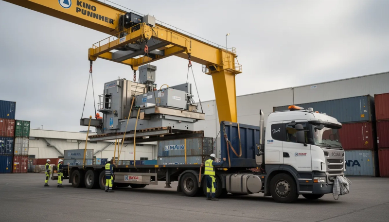 Een industriële CNC machine wordt met een kraan op een vrachtwagen geladen, klaar voor internationaal transport. Deze gebruikte metaalbewerkingsmachine is een voorbeeld van hoe oude machines een nieuw leven krijgen binnen de circulaire economie.