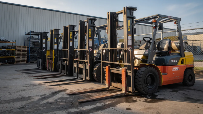 A row of industrial diesel forklifts is parked in an outdoor equipment yard, showcasing essential material handling equipment that supports supply chain efficiency and warehouse automation. These robust industrial trucks are vital for optimizing storage and improving operational efficiency in logistics sectors.