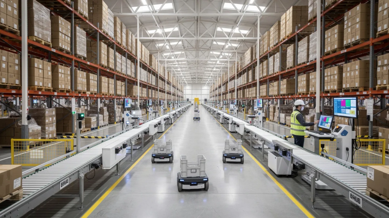 The image depicts the interior of a modern distribution center featuring advanced automated material handling systems, including conveyor systems and autonomous mobile robots, designed to enhance warehouse productivity and optimize storage. This efficient logistics infrastructure showcases the latest in automated handling equipment, contributing to improved supply chain efficiency and operational costs.