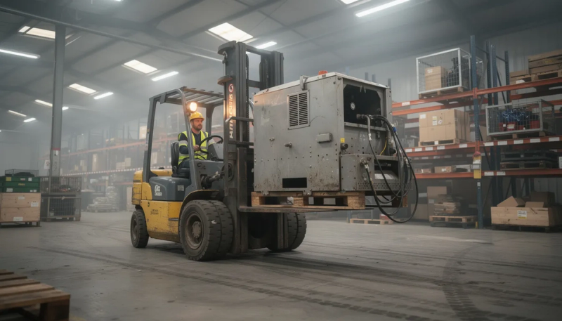 Een heftruck verplaatst industriële machines in een magazijn, omringd door rekken met gereedschappen en apparatuur. Deze actie kan deel uitmaken van een bedrijfsbeëindiging of reorganisatie, waarbij oude machines worden opgekocht en bezemschoon worden opgeleverd.