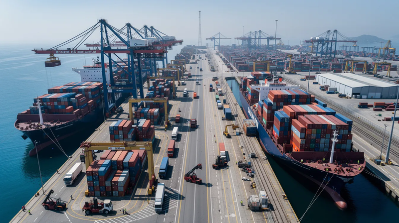 The image depicts a bustling container port, showcasing various material handling equipment and automated handling systems actively engaged in logistics operations. This vibrant scene emphasizes the importance of supply chain efficiency and the role of advanced technologies in the material handling equipment market.