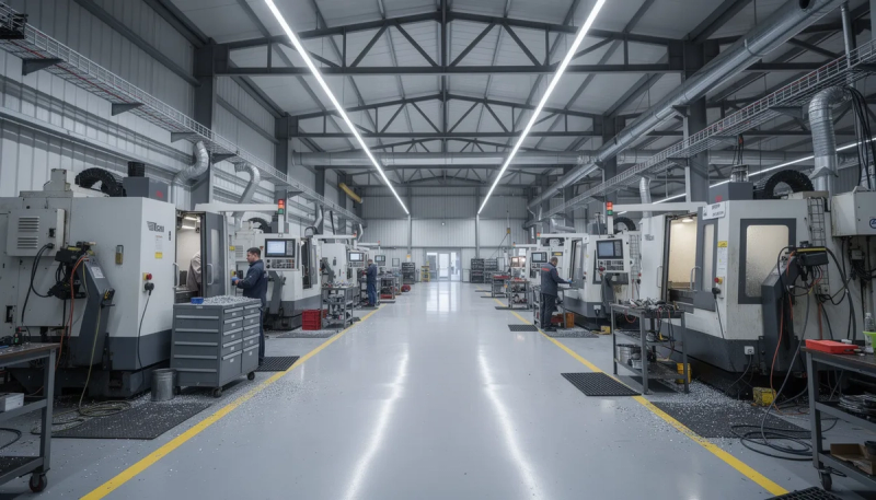 Een industriële productiehal vol met CNC-machines en metaalbewerkingsmachines, waar diverse apparatuur en gereedschappen zijn opgesteld. Deze ruimte benadrukt de mogelijkheden voor het opkopen van oude machines en het bieden van een totaaloplossing bij bedrijfsbeëindiging.