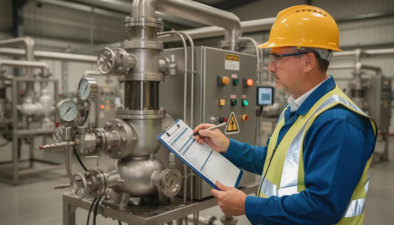 Een ingenieur inspecteert industriële machines met een clipboard in de hand, terwijl hij de staat van de apparatuur beoordeelt. Deze inspectie kan onderdeel zijn van een bedrijfsbeëindiging of herstructurering, waarbij oude machines worden verkocht of opgekocht door een betrouwbare partij.