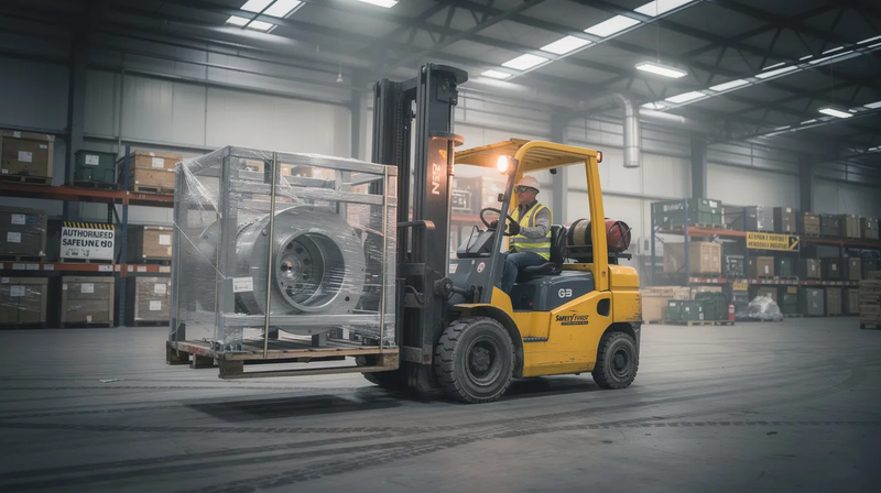 A forklift is seen moving heavy industrial machinery, including grinding machines and CNC equipment, within a spacious warehouse setting. The scene highlights the operational efficiency and safety measures in handling metalworking machinery during manufacturing processes.