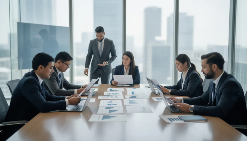 Een groep zakelijke professionals bespreekt documenten aan een vergadertafel, terwijl ze plannen maken voor de verkoop van industriële machines bij bedrijfsbeëindiging. Hun focus ligt op een vlotte afhandeling en het bieden van eerlijke prijzen voor gebruikte machines.