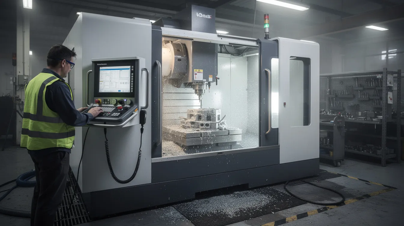 An industrial CNC machining centre is actively operating on a factory floor, showcasing heavy machinery in action as it processes metalwork with precision. This scene illustrates the efficiency and capabilities of modern industrial equipment, essential for manufacturing and the machinery industry.