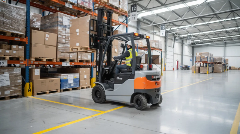 An electric forklift is actively maneuvering within a modern warehouse facility, showcasing efficient operations and the use of advanced industrial equipment. This scene highlights the importance of heavy machinery in the logistics and storage sectors, appealing to potential buyers in the machinery market.