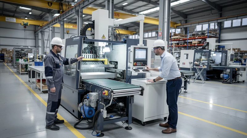A potential buyer inspects various metalworking machines, including CNC equipment and grinding machines, in a manufacturing facility. The scene highlights a wide selection of high-quality industrial equipment, essential for efficient manufacturing processes.