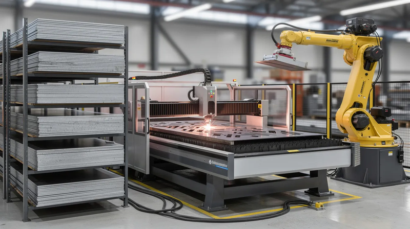 The image depicts an automated laser cutting system featuring a sheet storage tower and a robotic loading mechanism, showcasing advanced metalworking machinery designed for efficient manufacturing processes. This high-quality equipment is essential for precision cutting and is part of a wide selection of CNC machines available for auction.