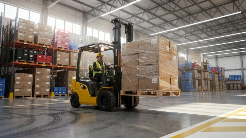 A forklift is actively operating in a spacious industrial warehouse, surrounded by various industrial equipment and heavy machinery. This scene highlights the importance of operational efficiency and effective management of resources in company operations, essential for business growth and meeting customer needs.