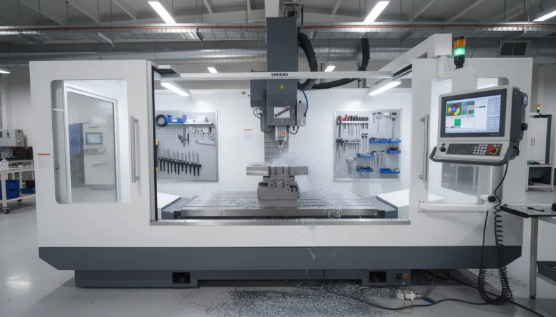 Een moderne CNC-machine staat centraal in een industriële fabriek, omringd door verschillende soorten apparatuur en gereedschap. Deze machine is essentieel voor de productieprocessen en speelt een belangrijke rol in aankomende veilingen van industriële goederen.