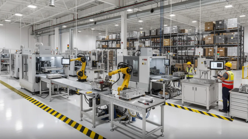 The image depicts a busy manufacturing facility filled with various industrial machinery and equipment actively engaged in production processes. The scene highlights the operational efficiency of the company, showcasing the heavy equipment and tools that support business growth and meet customer needs.