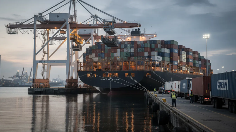 A large container ship is docked at a bustling port, where industrial machinery, including heavy equipment and construction machinery, is being loaded onto the vessel. The scene highlights the integration of smart manufacturing and logistics in the industrial machinery market, showcasing the demand for heavy-duty equipment in various sectors.