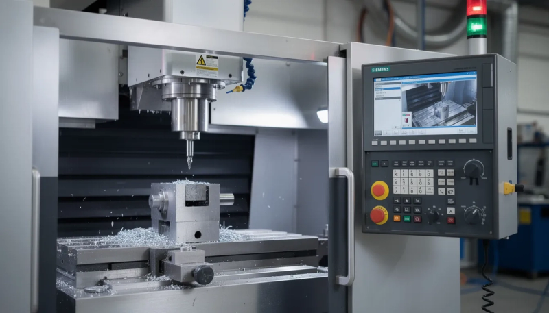 Close-up van een moderne CNC freesmachine met een Siemens besturingspaneel, geplaatst in een industriële werkplaats. De machine is een voorbeeld van geavanceerde metaalbewerkingsmachines, die een belangrijke rol spelen in de circulaire economie door oude machines een nieuw leven te geven.