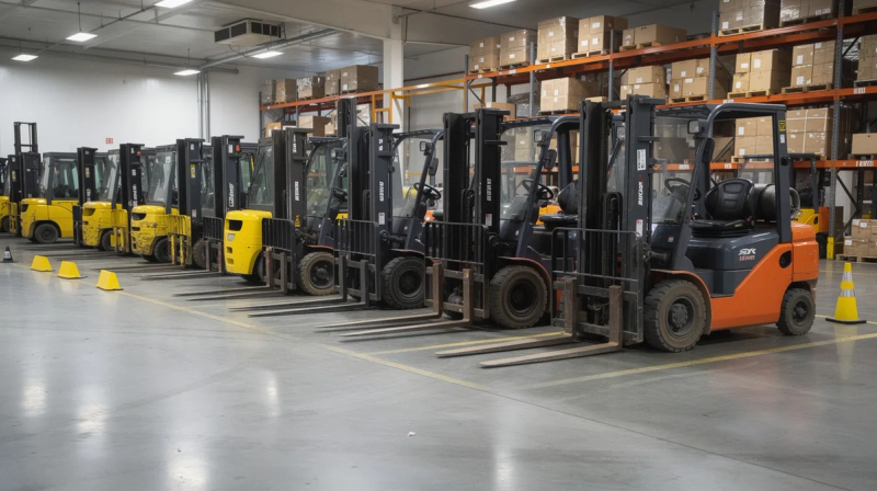 A fleet of industrial forklifts is parked neatly in a spacious warehouse, showcasing various models of heavy equipment that are often featured in online auctions and industrial auctions. The setting highlights the organized inventory of machinery available for competitive bidding, appealing to potential buyers in the auction process.