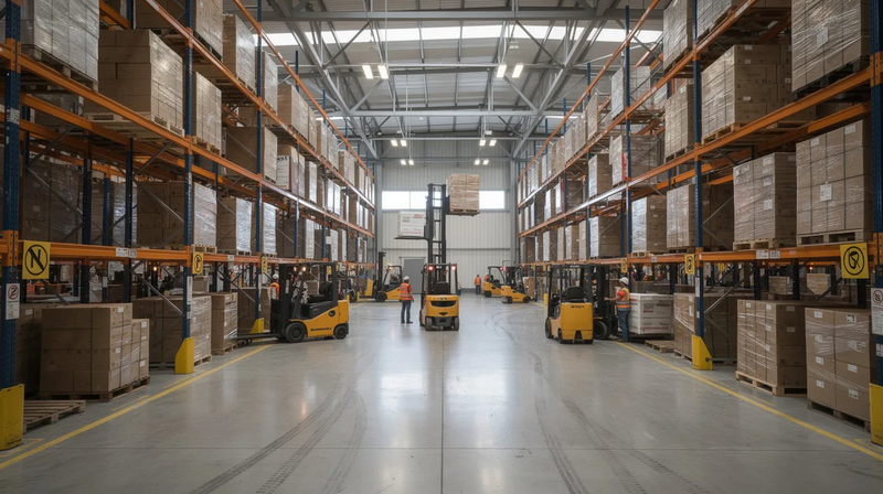 The image shows the interior of a large warehouse bustling with activity, featuring forklifts maneuvering between rows of pallet racking, highlighting the importance of material handling equipment in enhancing warehouse productivity and supply chain efficiency. This dynamic scene reflects the operational efficiency and logistics infrastructure essential for modern distribution centers.