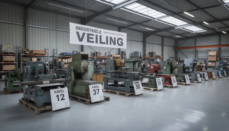 Een magazijn vol met gelabelde industriële machines die klaarstaan voor een online veiling. De machines zijn georganiseerd in kavels, klaar voor directe verkoop aan kopers die geïnteresseerd zijn in gebruikte apparatuur voor verschillende industrieën zoals metaalbewerking en houtbewerking.