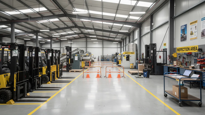 The image depicts an industrial warehouse filled with various types of industrial machinery and forklifts, all organized for inspection. This setting highlights the equipment market, showcasing essential tools for businesses in construction and manufacturing industries.