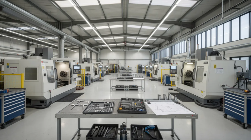 The image depicts a spacious industrial hall filled with various CNC machines and metalworking equipment neatly arranged in rows, showcasing a wide array of industrial machinery available for auction. This setting highlights the auction process for sellers and buyers interested in acquiring used machinery and heavy equipment.