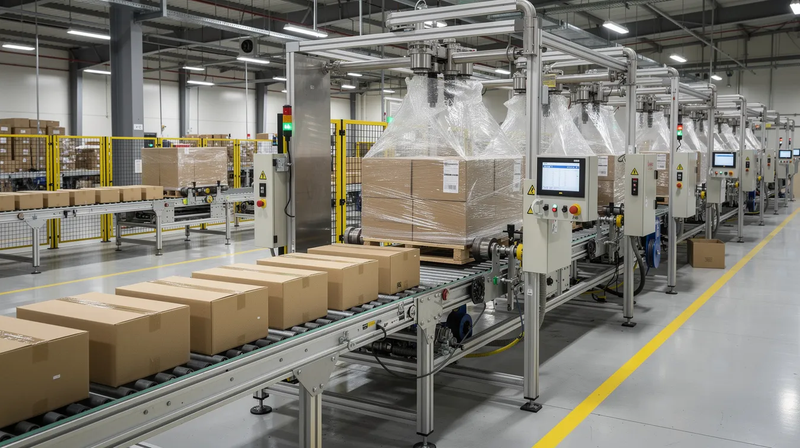 The image depicts an industrial packaging line featuring conveyor systems and wrapping machinery, illustrating the efficiency of modern industrial processes. This setup is essential in the auction process for selling machinery and equipment, showcasing how items can be prepared for auction sales and private sales to meet market demand.