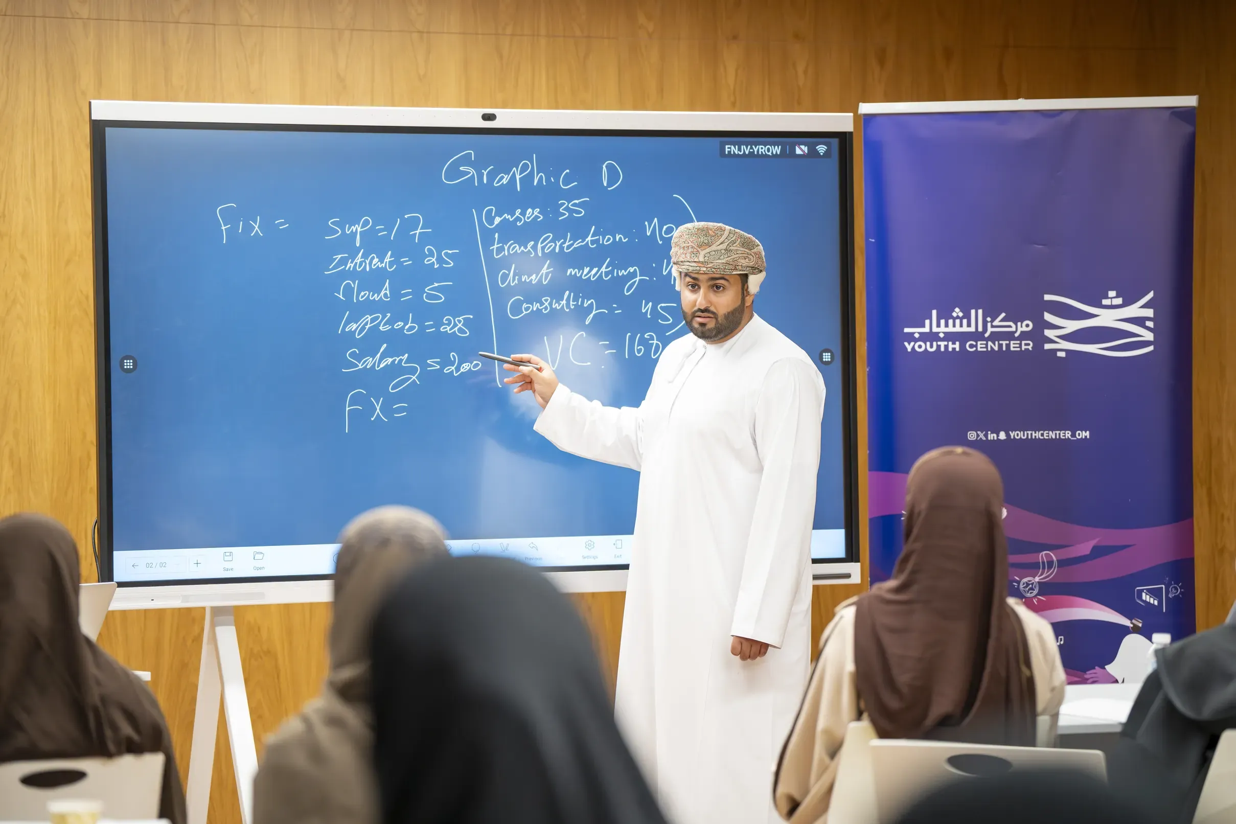 A trainer working through figures at the board
