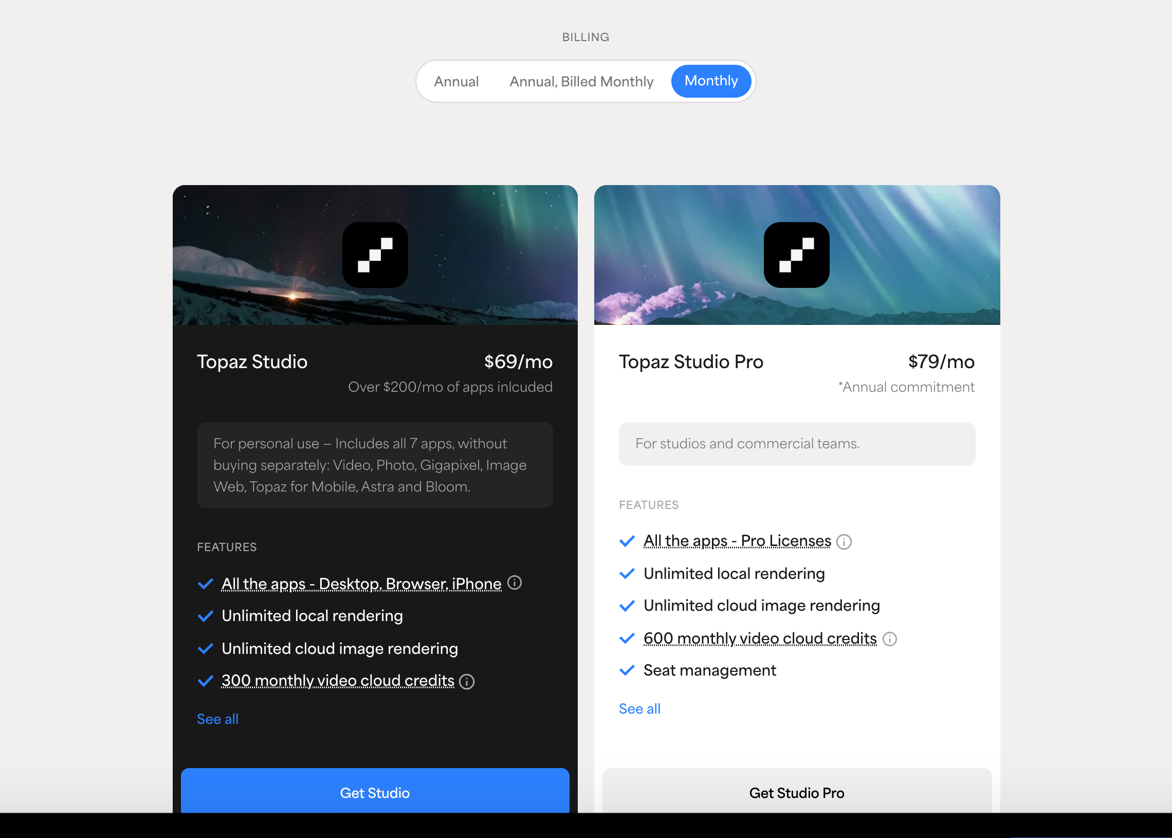 Topaz Labs pricing page showing a three-way billing selector set to Monthly, with Topaz Studio at 69 dollars per month and Topaz Studio Pro at 79 dollars per month