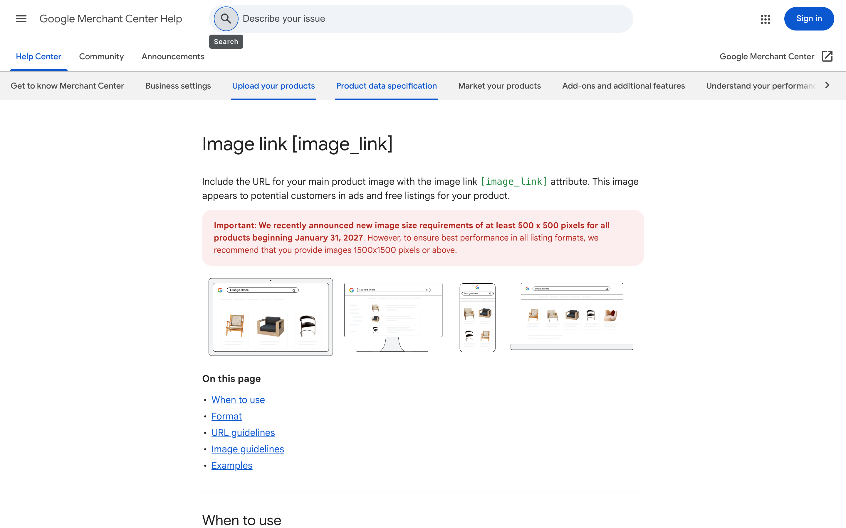 Google Merchant Center Help documentation for the image link attribute, highlighting the new 500 by 500 pixel requirement