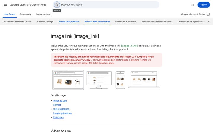 Google Merchant Center Help documentation for the image link attribute, highlighting the new 500 by 500 pixel requirement