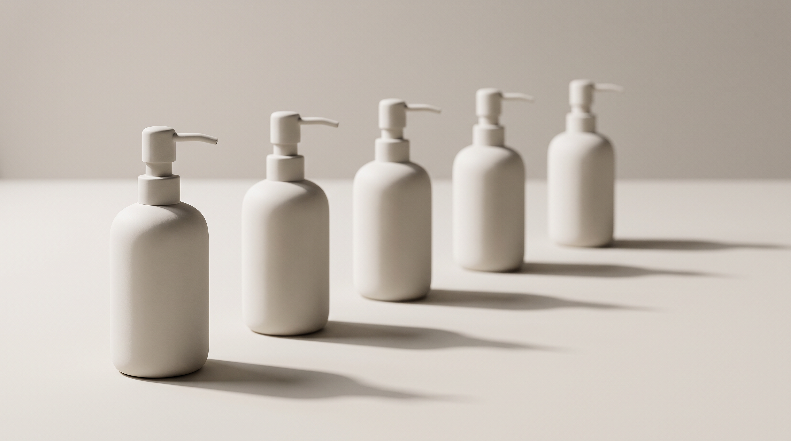 Five nearly identical unbranded white pump bottles lit slightly differently