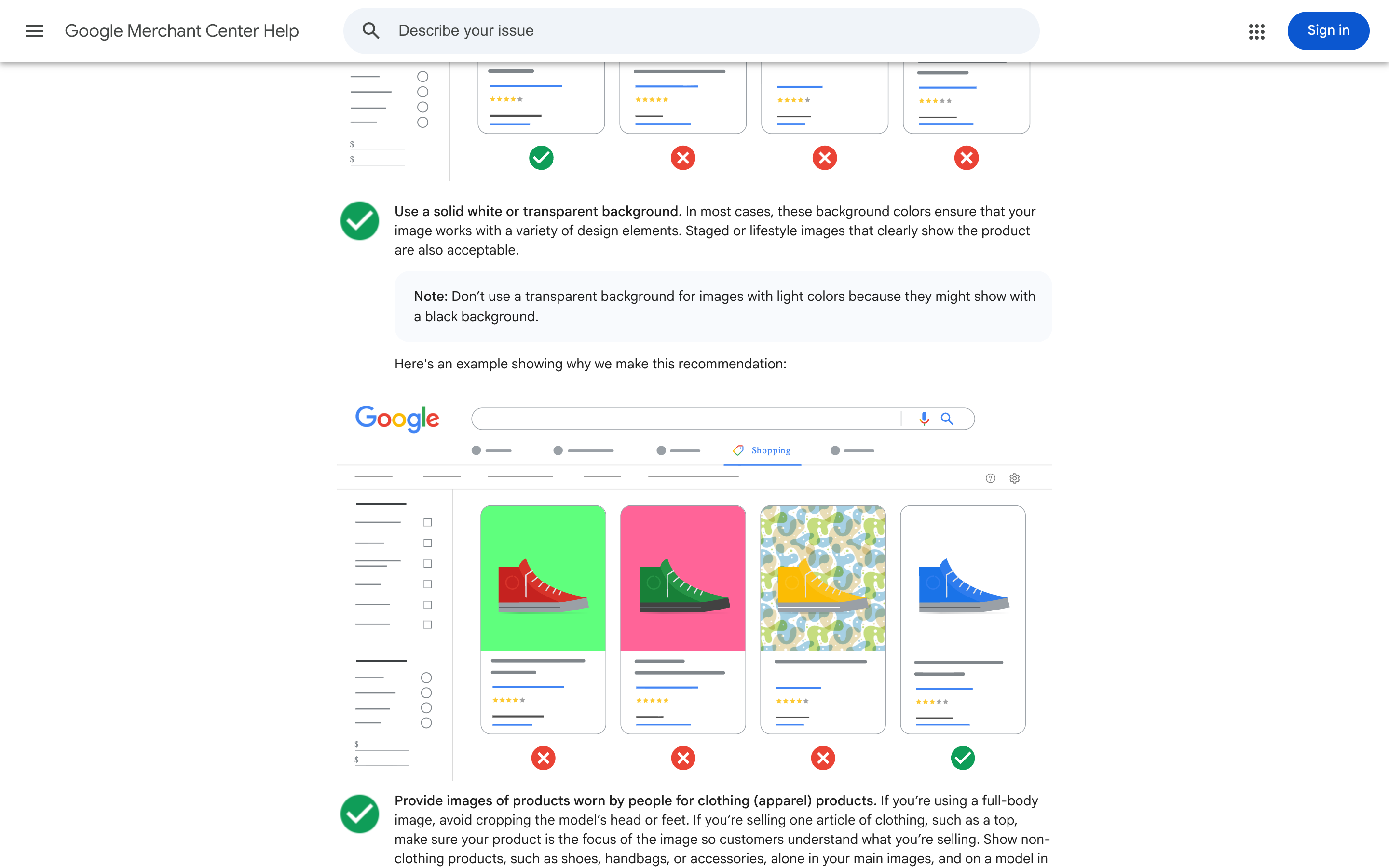 Google Merchant Center's image guidelines showing the solid white or transparent background recommendation and the note warning against transparent backgrounds for light-coloured images