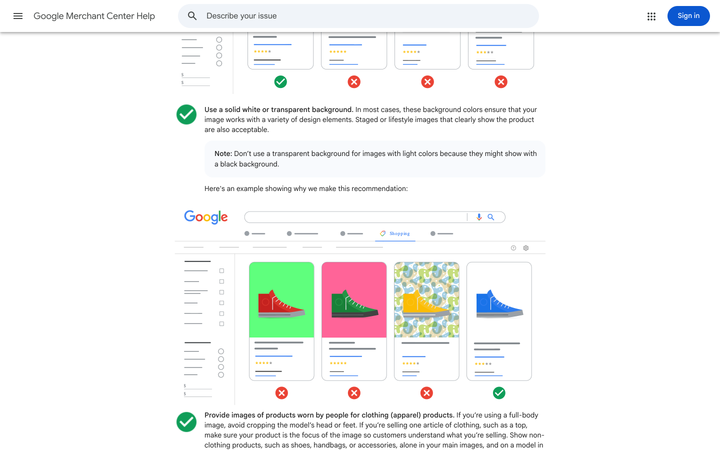 Google Merchant Center's image guidelines showing the solid white or transparent background recommendation and the note warning against transparent backgrounds for light-coloured images