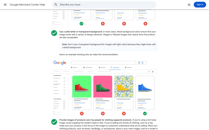 Google Merchant Center's image guidelines showing the solid white or transparent background recommendation and the note warning against transparent backgrounds for light-coloured images